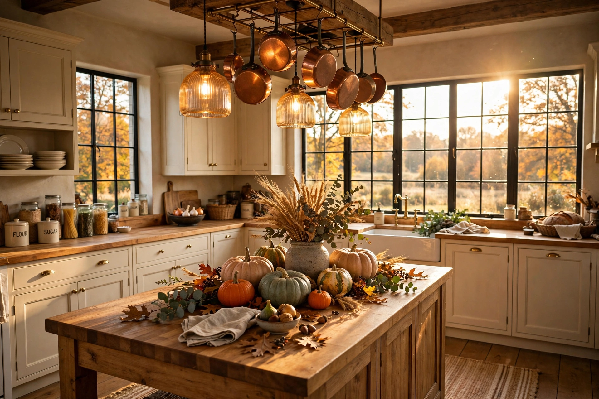 Fall kitchen decor ideas: warm harvest-style farmhouse kitchen with pumpkins and amber pendants