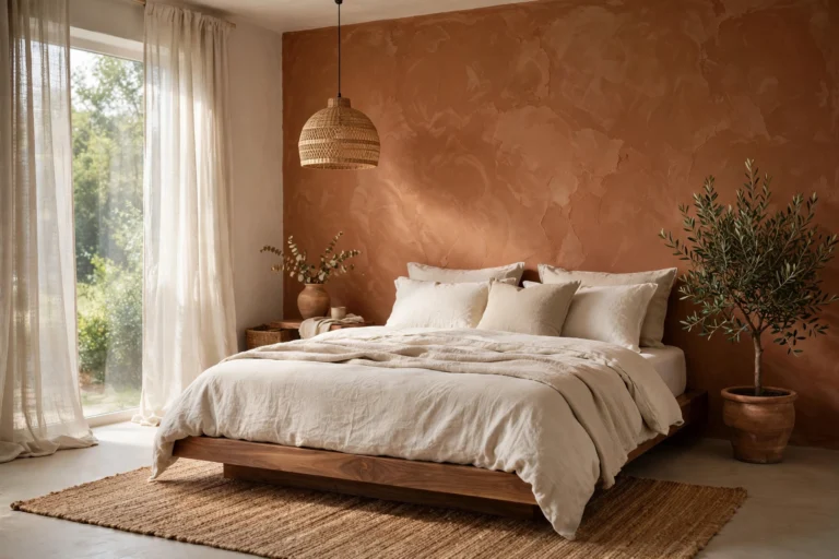 Earthy bedroom ideas: warm bedroom with terracotta accent wall, linen bedding, and jute rug