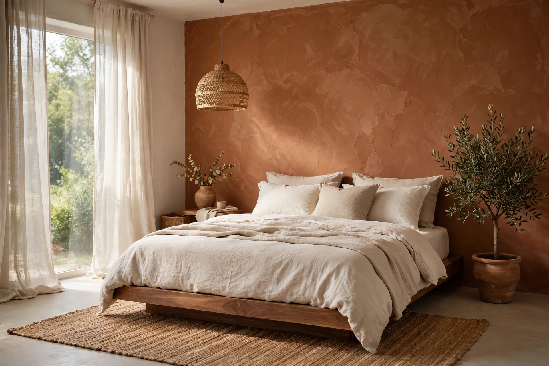 Earthy bedroom ideas: warm bedroom with terracotta accent wall, linen bedding, and jute rug