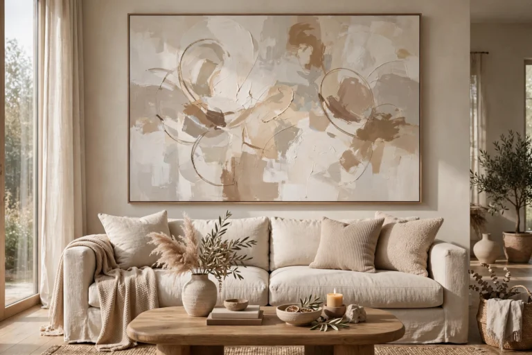 Bright living room with a huge abstract canvas — oversized wall art ideas for a welcoming statement wall