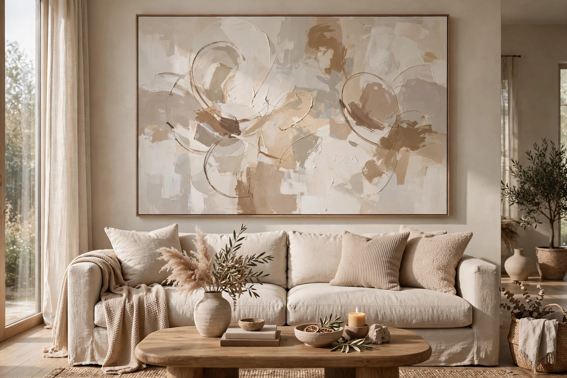 Bright living room with a huge abstract canvas — oversized wall art ideas for a welcoming statement wall