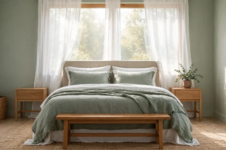 Sage green bedroom ideas: calm sage bedroom with linen bedding and oak nightstands