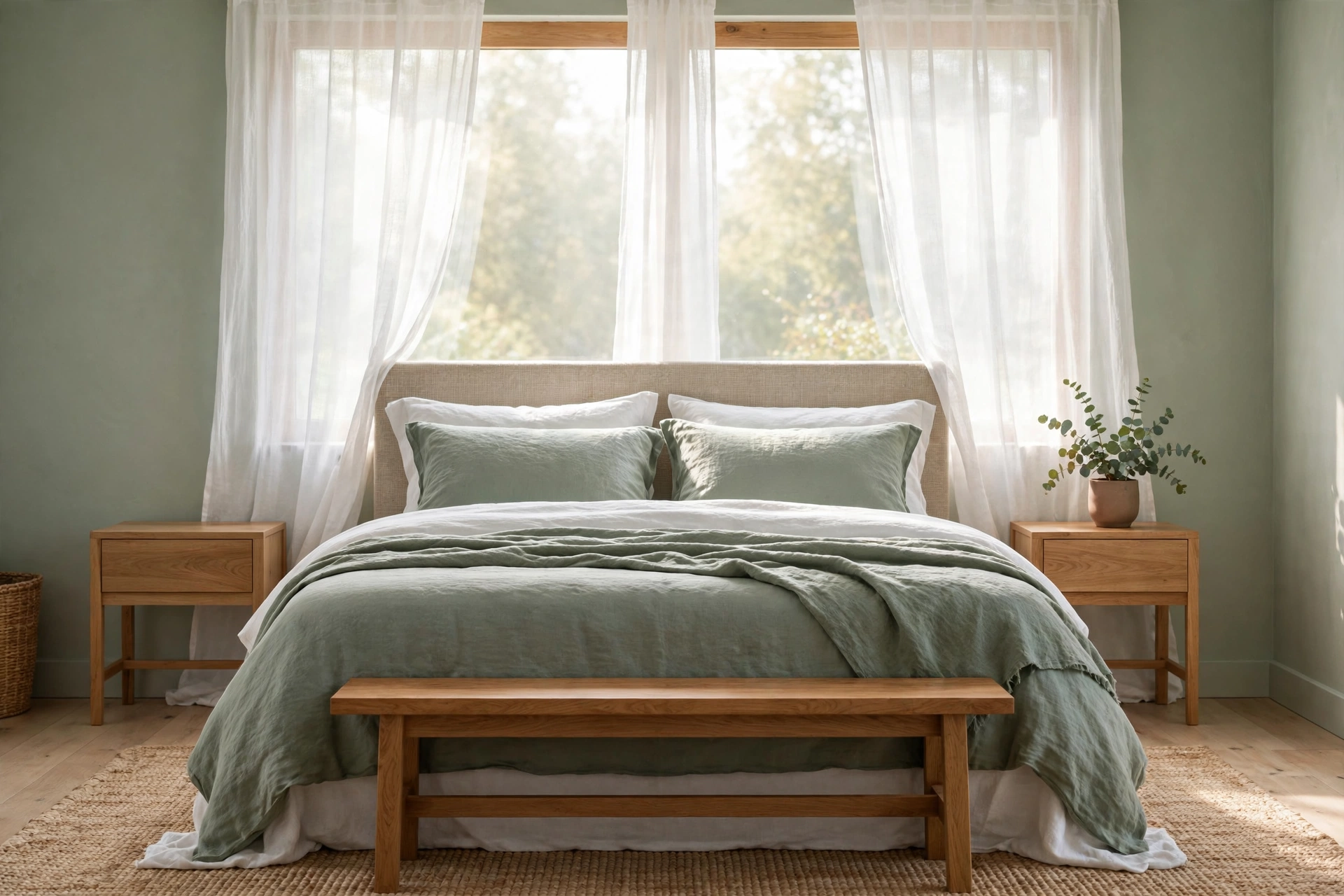 Sage green bedroom ideas: calm sage bedroom with linen bedding and oak nightstands