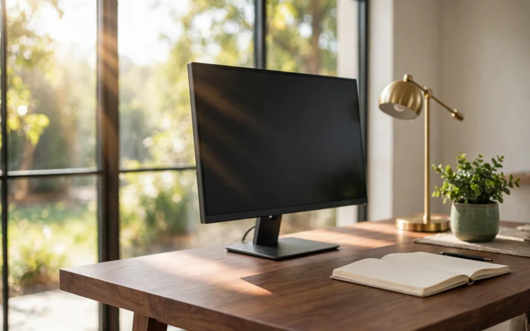 Home office desk setup ideas: inviting walnut desk with monitor, lamp, and plant by a window