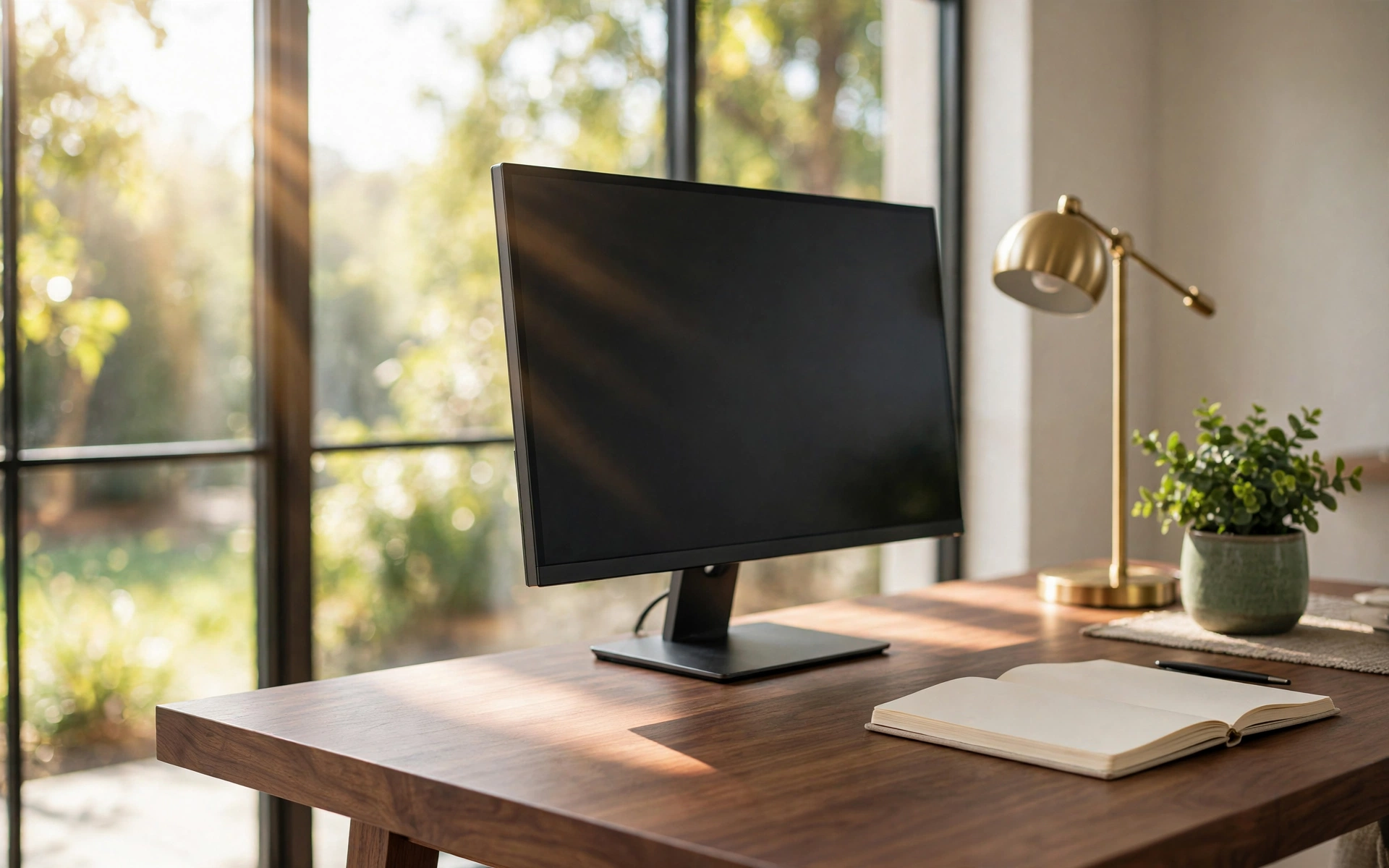 Home office desk setup ideas: inviting walnut desk with monitor, lamp, and plant by a window