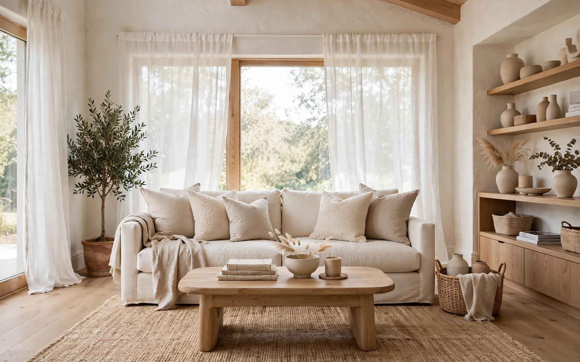 Wide living room with cream sofa styling ideas, layered neutral pillows and a light oak coffee table in soft daylight
