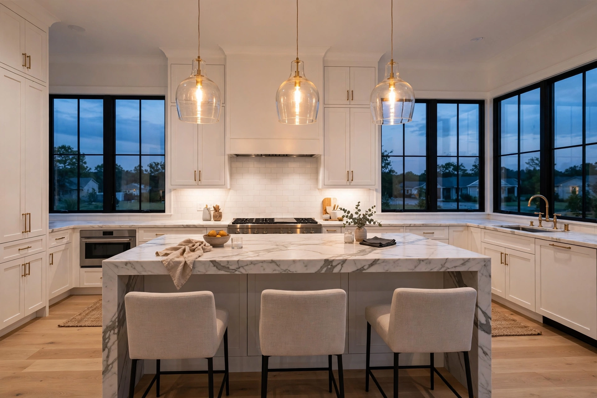 Kitchen pendant lighting ideas: wide modern kitchen with three glowing glass pendants over a marble island