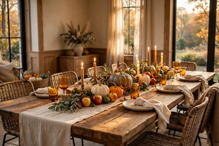 Warm thanksgiving table decor ideas with harvest pumpkin runner down a long wooden dining table