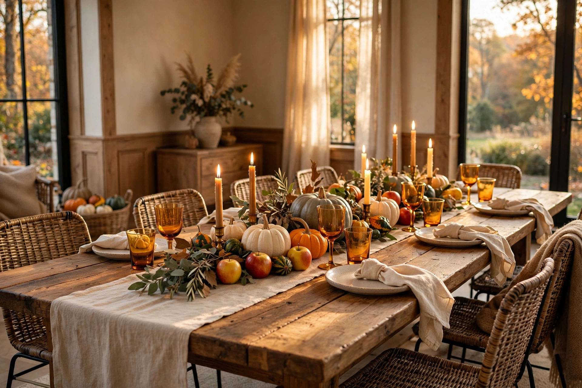 Warm thanksgiving table decor ideas with harvest pumpkin runner down a long wooden dining table