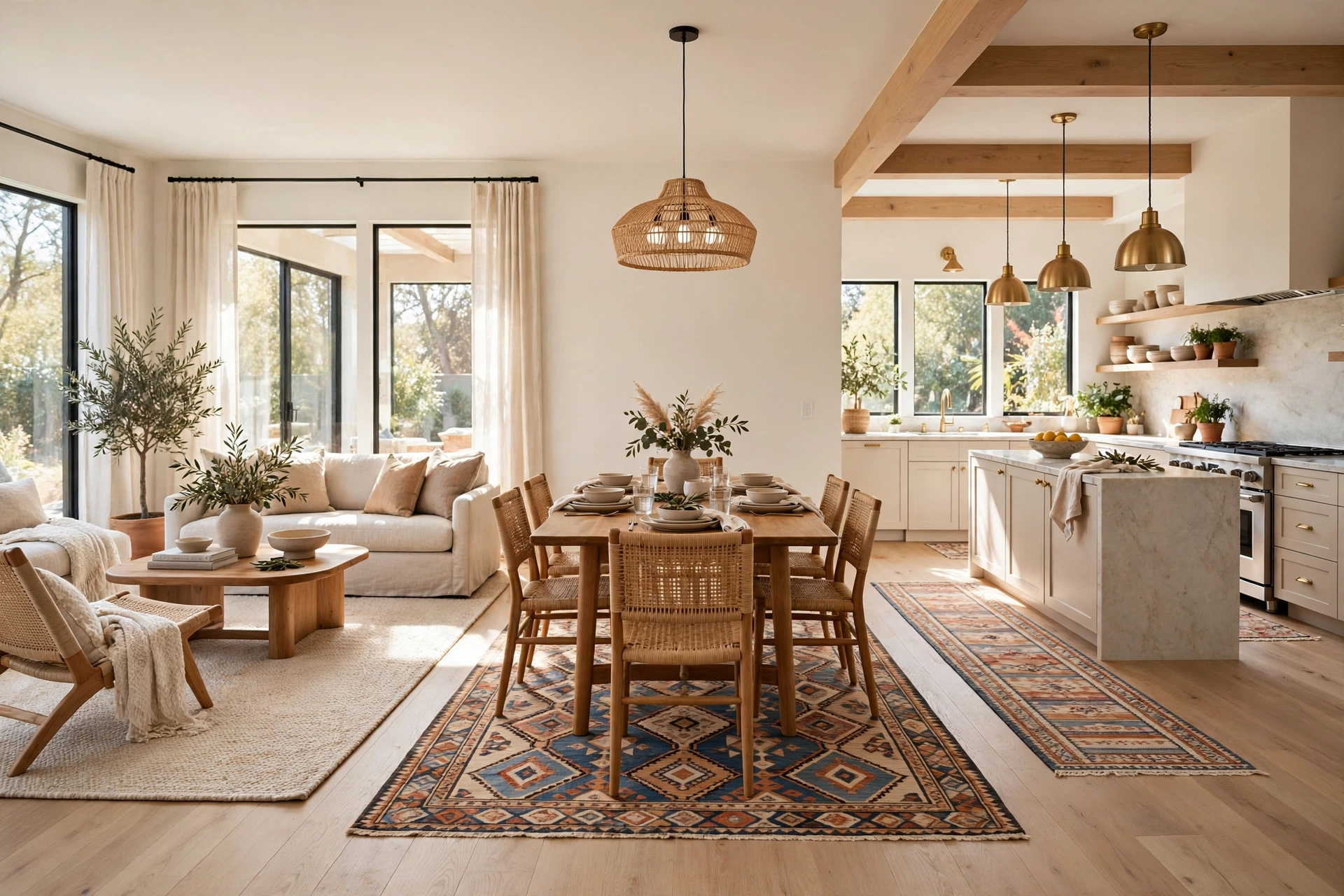 Area rug open floor plan ideas: wide view of an open living, dining, and kitchen layout with layered area rugs defining each zone