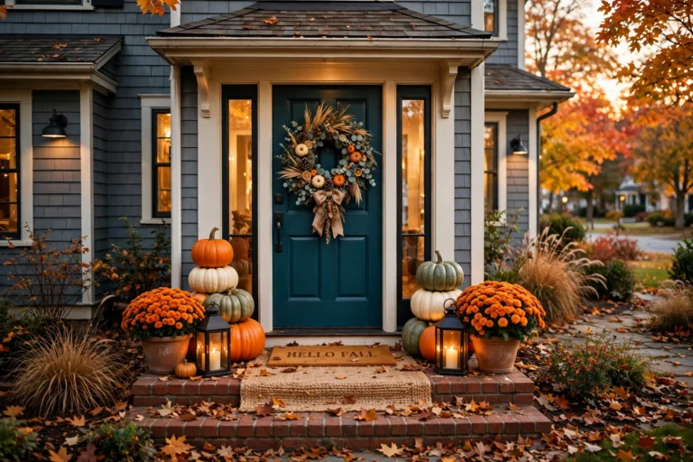 Warm fall front door decor ideas featuring a harvest wreath, stacked pumpkins, glowing lanterns and layered rugs