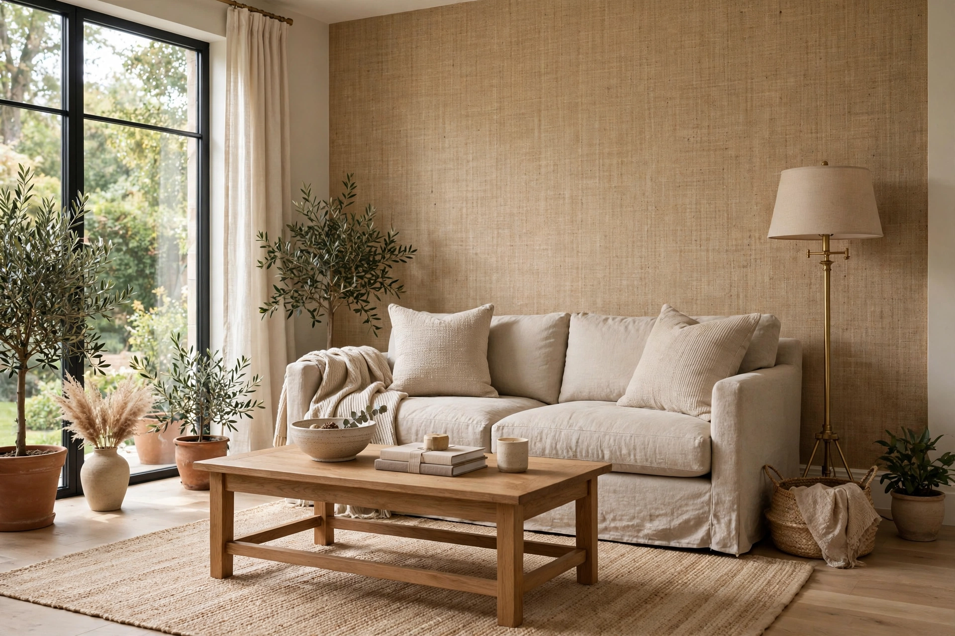 textured wallpaper ideas: wide view of an inviting living room with a rich woven grasscloth textured wallpaper accent wall, linen sofa, oak coffee table and brass floor lamp