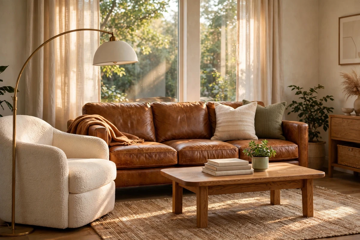 Caramel leather decor ideas: warm living room with a caramel leather sofa, brass lamp, and cream textiles
