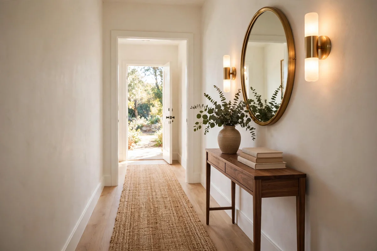 Narrow hallway decorating ideas: slim 10-inch console table with a mirror above and a small tray in a narrow hallway