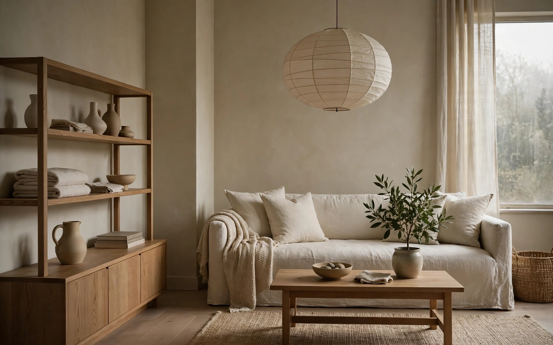Wide hero image of japandi living room ideas with low oak furniture cream linen sofa paper pendant and one plant