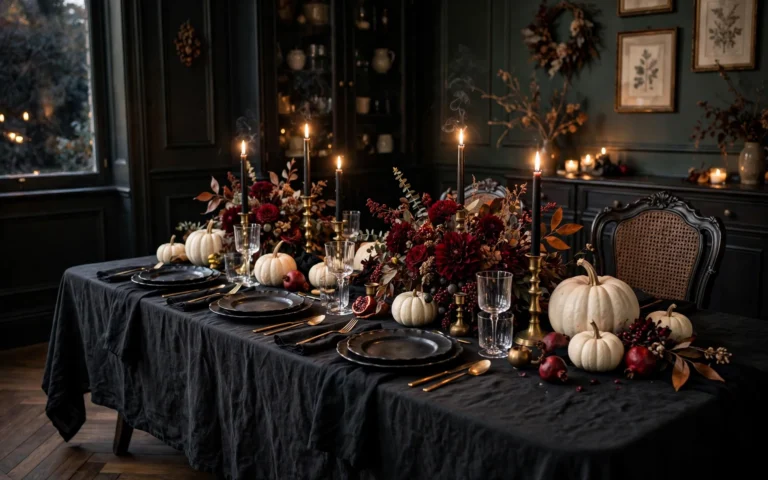 Hero image of halloween table setting ideas with a black linen table, burgundy florals, brass candlesticks and white pumpkins