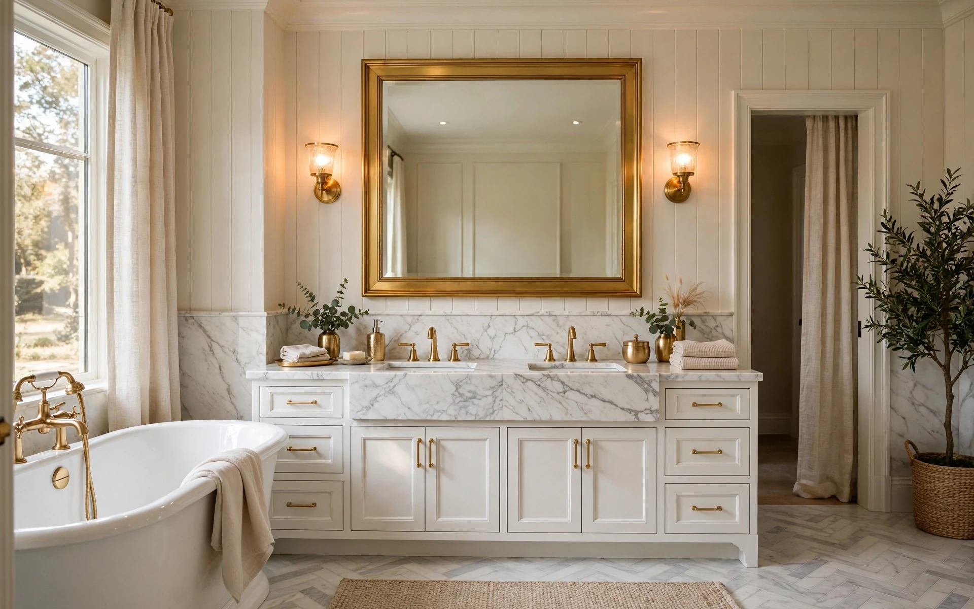 Hero image of gold bathroom fixtures ideas with a brushed gold faucet, gold framed mirror and marble vanity in a warm bathroom