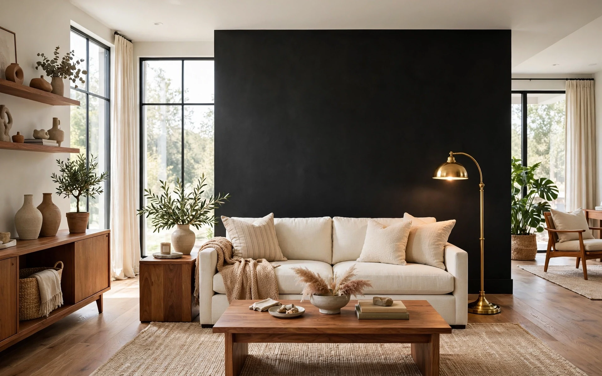 Wide living room with black accent wall ideas, a matte black wall behind a pale sofa and brass floor lamp