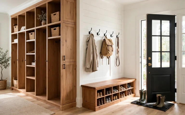 Wide view of a beautiful organized mudroom with lockers, bench and hooks, showcasing mudroom organization ideas