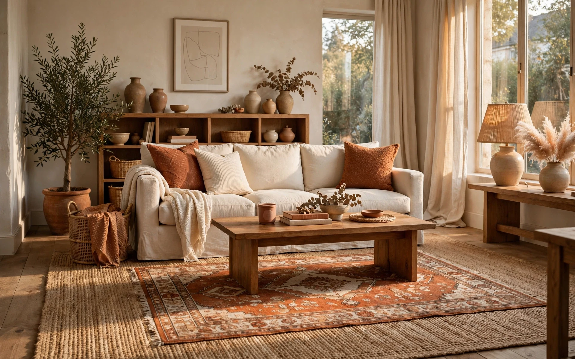 Wide cozy living room with rug layering ideas using a jute base rug and a vintage patterned rug on top