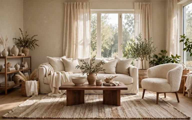 Wide living room with layered beige living room ideas, cream sofa, textured rug and warm wood furniture in soft daylight