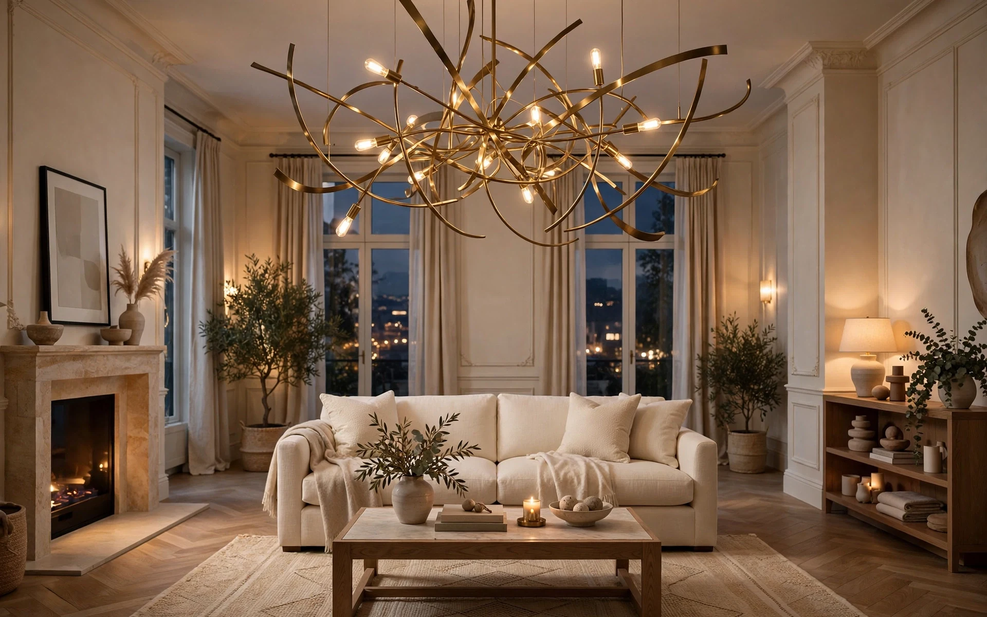 Sculptural statement lighting ideas with a modern brass chandelier over a cream sofa and coffee table