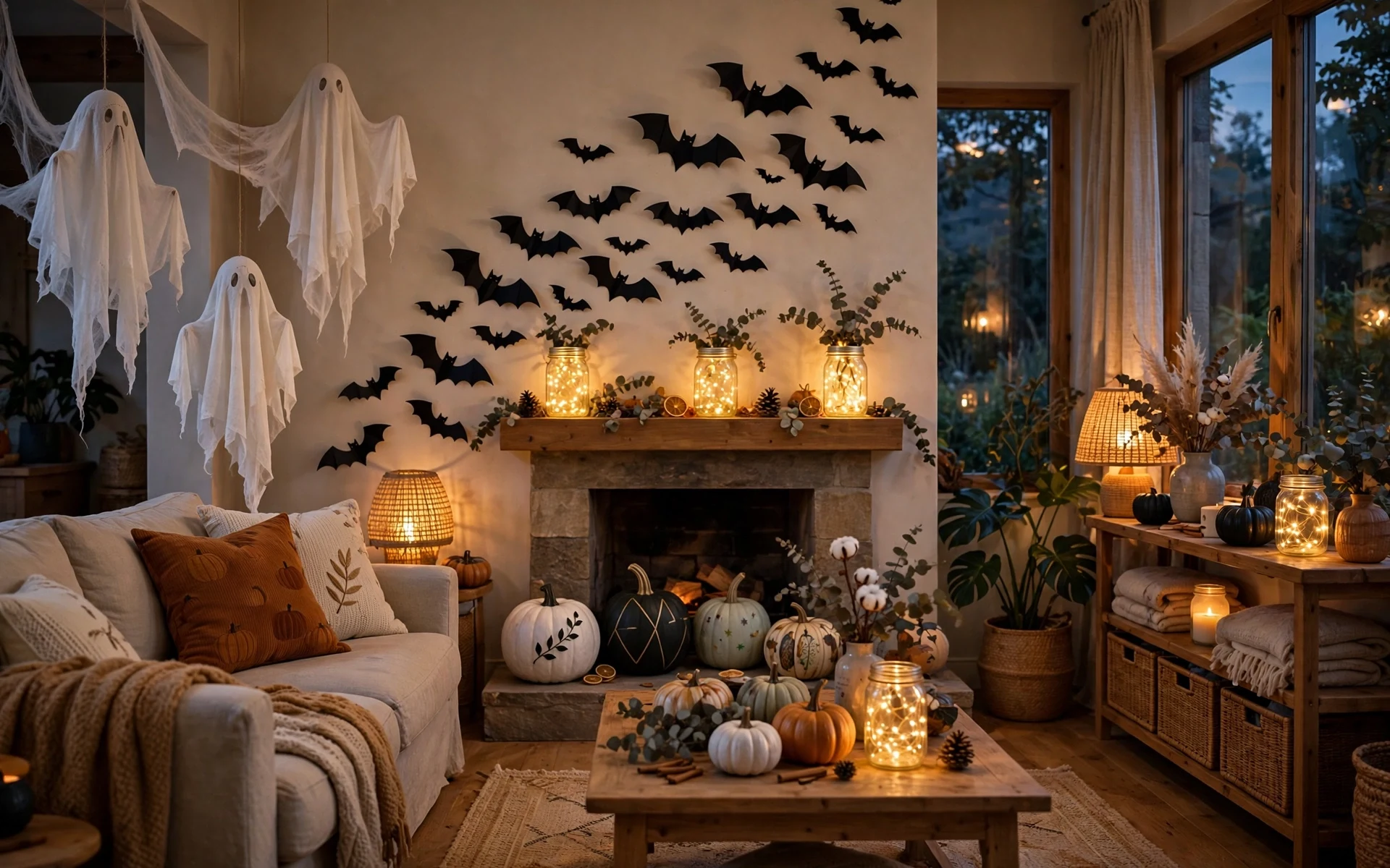 Wide front room styled with diy halloween decor ideas including paper bats, jar lanterns, pumpkins and cheesecloth ghosts
