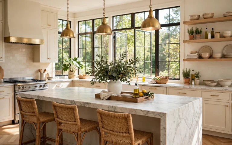 Wide kitchen with kitchen island decor ideas including a wooden tray, white vase with greenery and woven stools