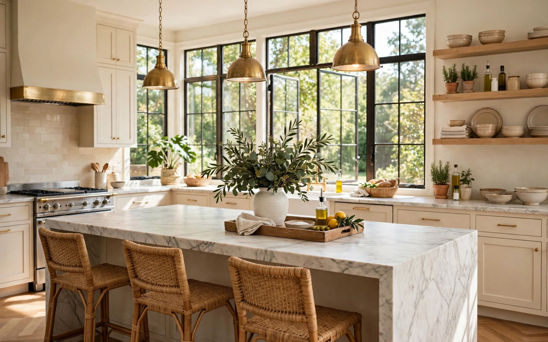 Wide kitchen with kitchen island decor ideas including a wooden tray, white vase with greenery and woven stools
