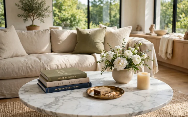 Marble coffee table ideas for a bright modern living room with a styled white marble coffee table
