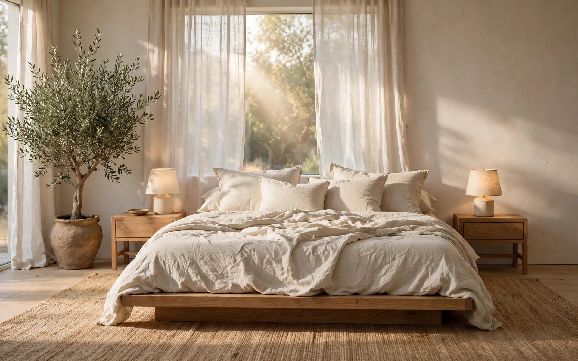 Warm minimalist bedroom ideas: wide view of a calm neutral bedroom with an oak platform bed and oatmeal linen bedding