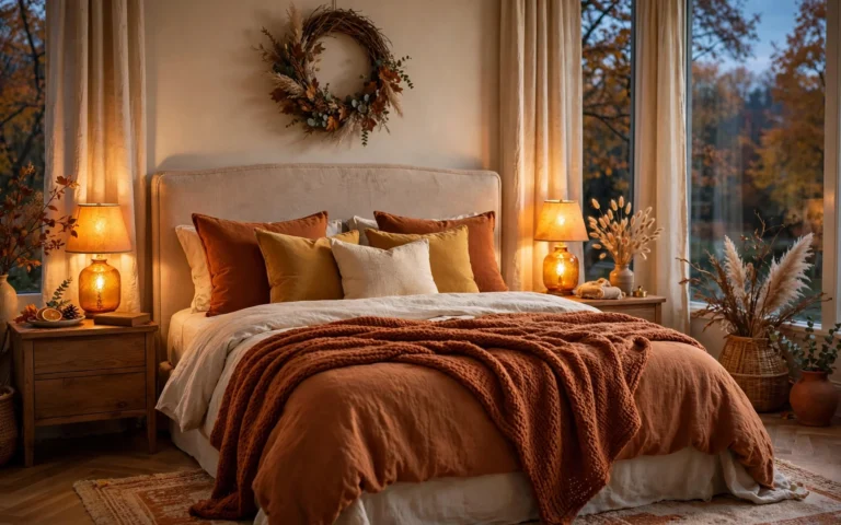 Fall bedroom decor ideas: cozy autumn bedroom with layered rust and cream bedding