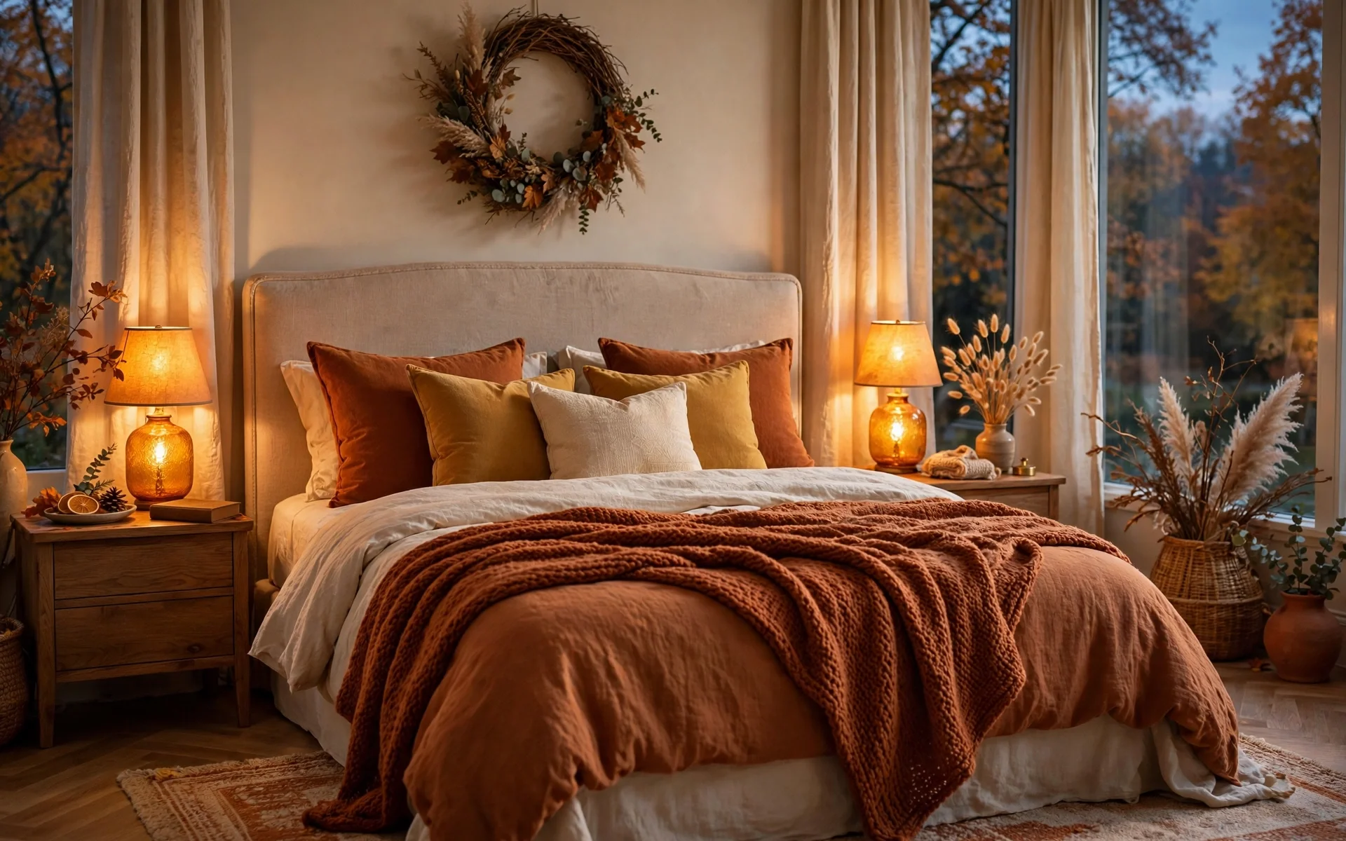 Fall bedroom decor ideas: cozy autumn bedroom with layered rust and cream bedding