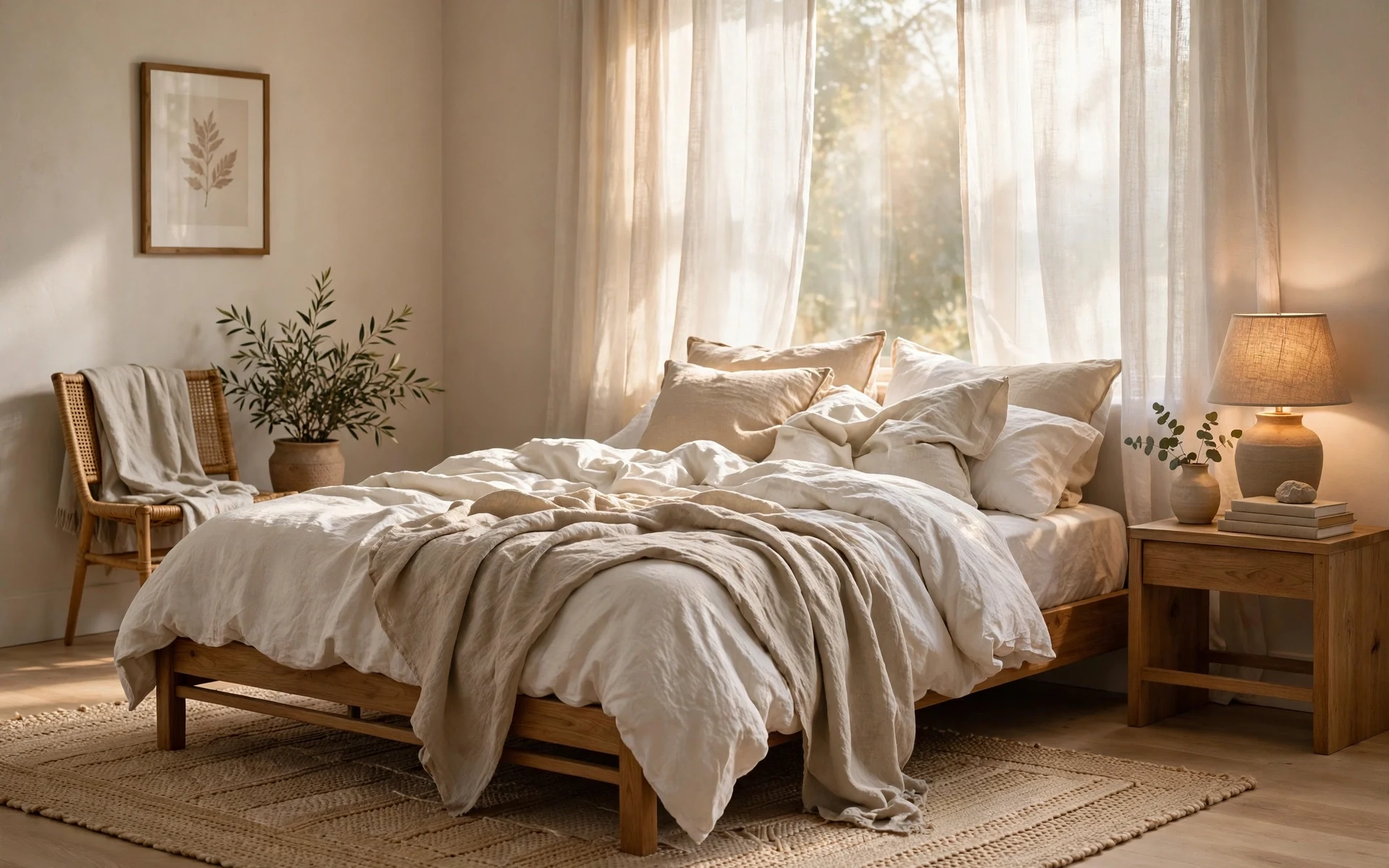 Wide bedroom with natural linen bedding ideas in warm white and oatmeal linen, wooden bed and morning light
