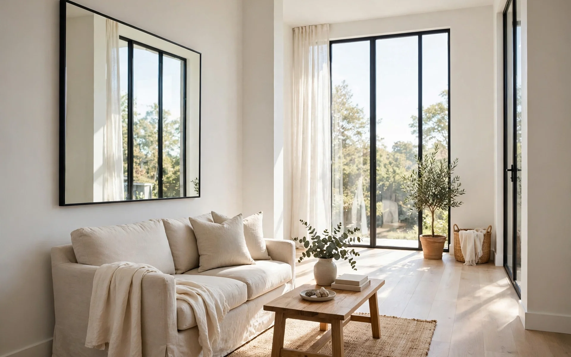 Mirror ideas for small rooms: bright compact living room with a large mirror opposite the window making it feel spacious