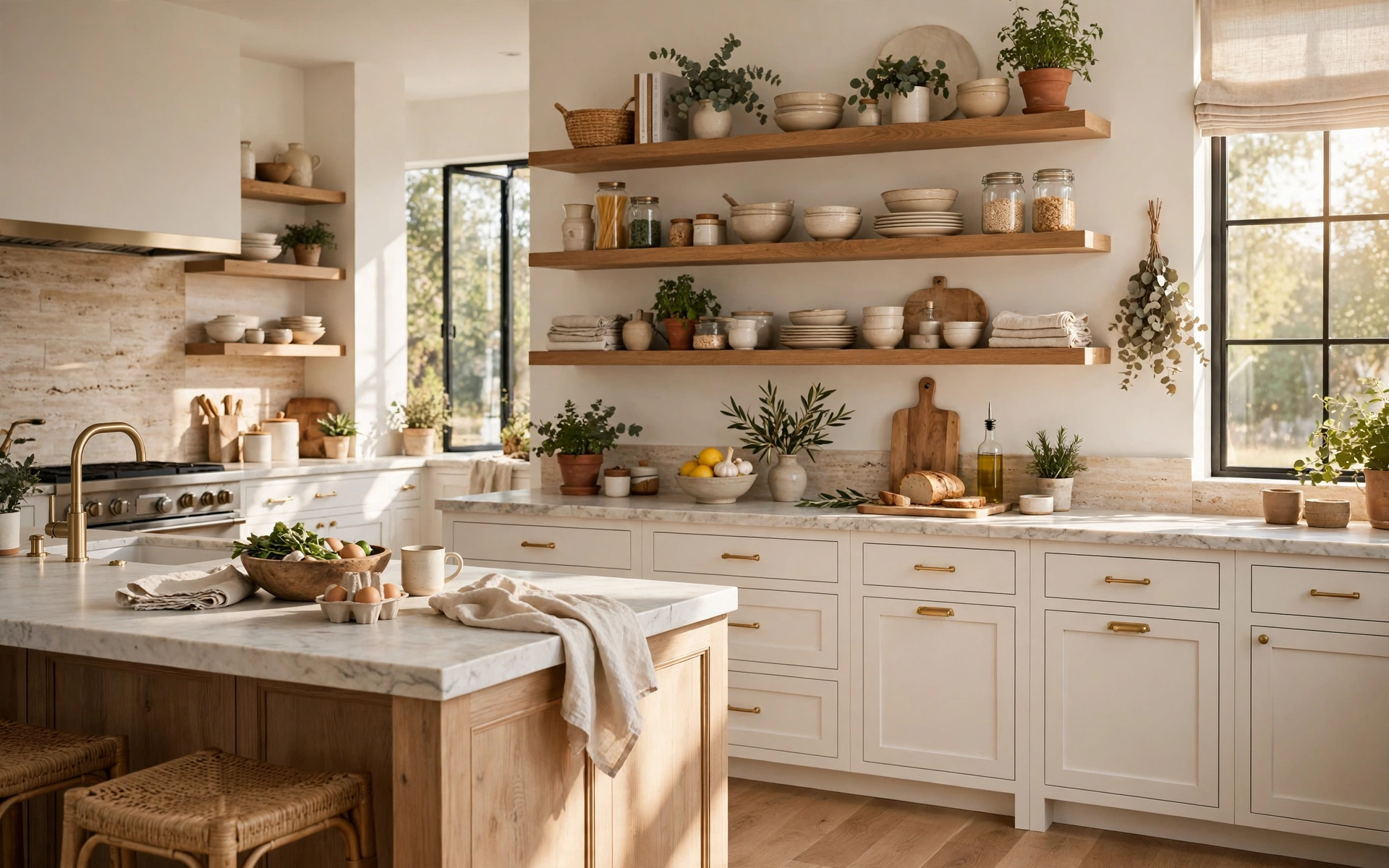 Open shelf kitchen ideas with warm white oak floating shelves styled in a bright kitchen