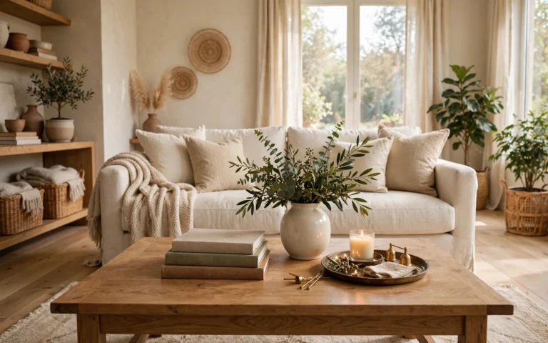 Wide living room coffee table styling ideas with books, a ceramic vase, candle and tray on a wooden table
