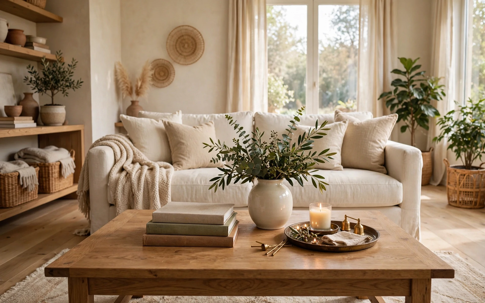 Wide living room coffee table styling ideas with books, a ceramic vase, candle and tray on a wooden table