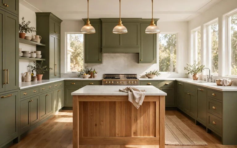 Wide establishing shot of olive green kitchen ideas with olive shaker cabinets, brass hardware and a wood island