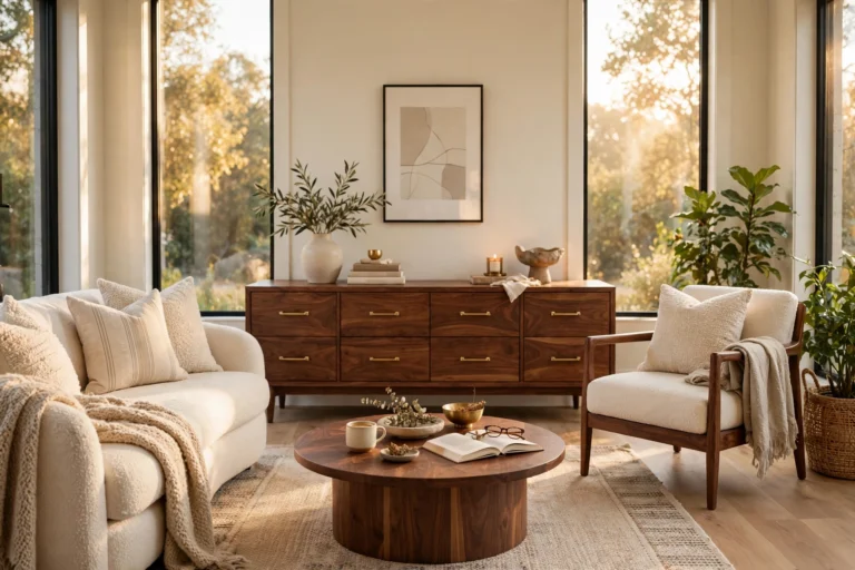 Warm modern living room walnut furniture ideas with a walnut credenza and coffee table