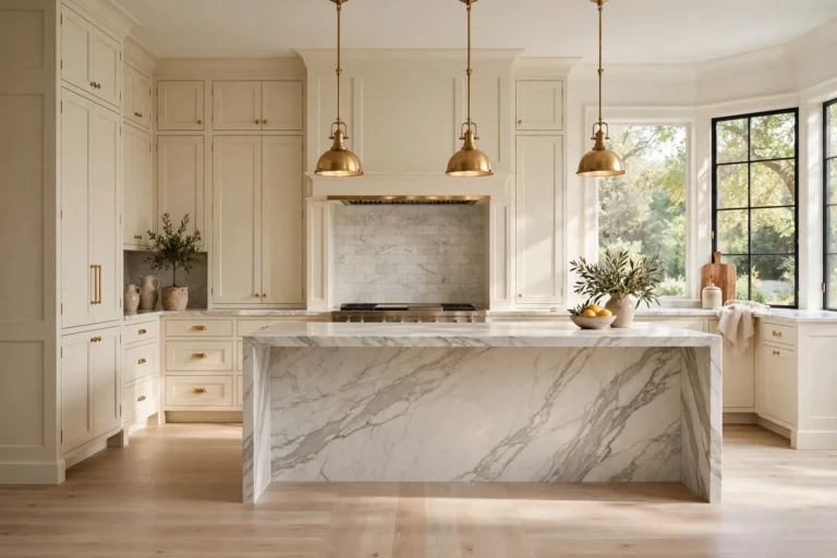 Cream kitchen ideas for a timeless look: wide view of a warm ivory kitchen with a marble island and brass pendant lights