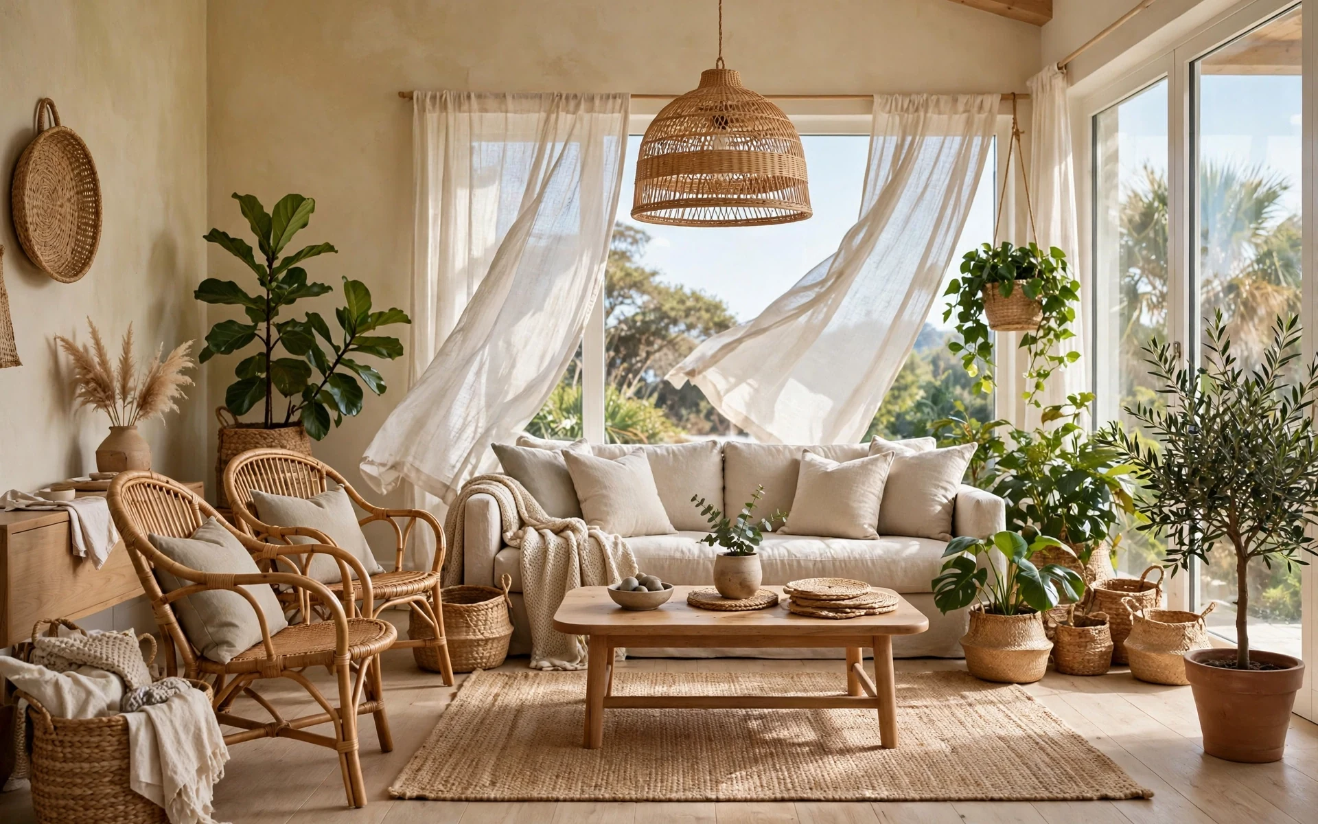 Wide living room view of rattan decor ideas with rattan chairs, pendant light, baskets and linen sofa