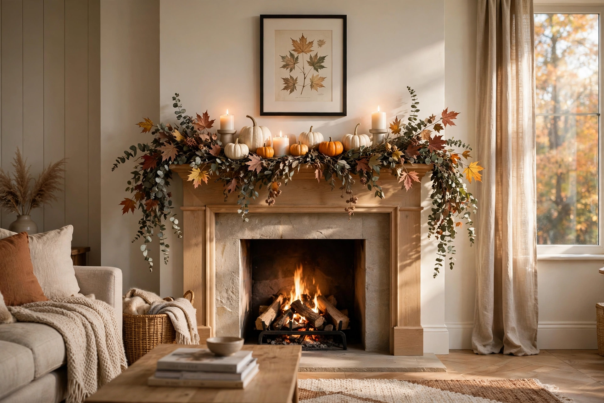 Cozy fall mantel with layered garlands, pumpkins, and candlelight styled across a fireplace mantel