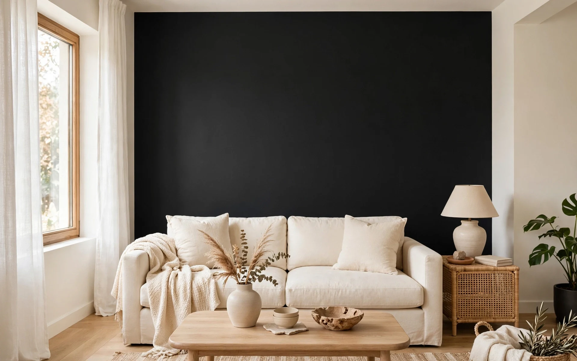 Black accent wall ideas with a matte black wall behind a cream sofa in a bright room