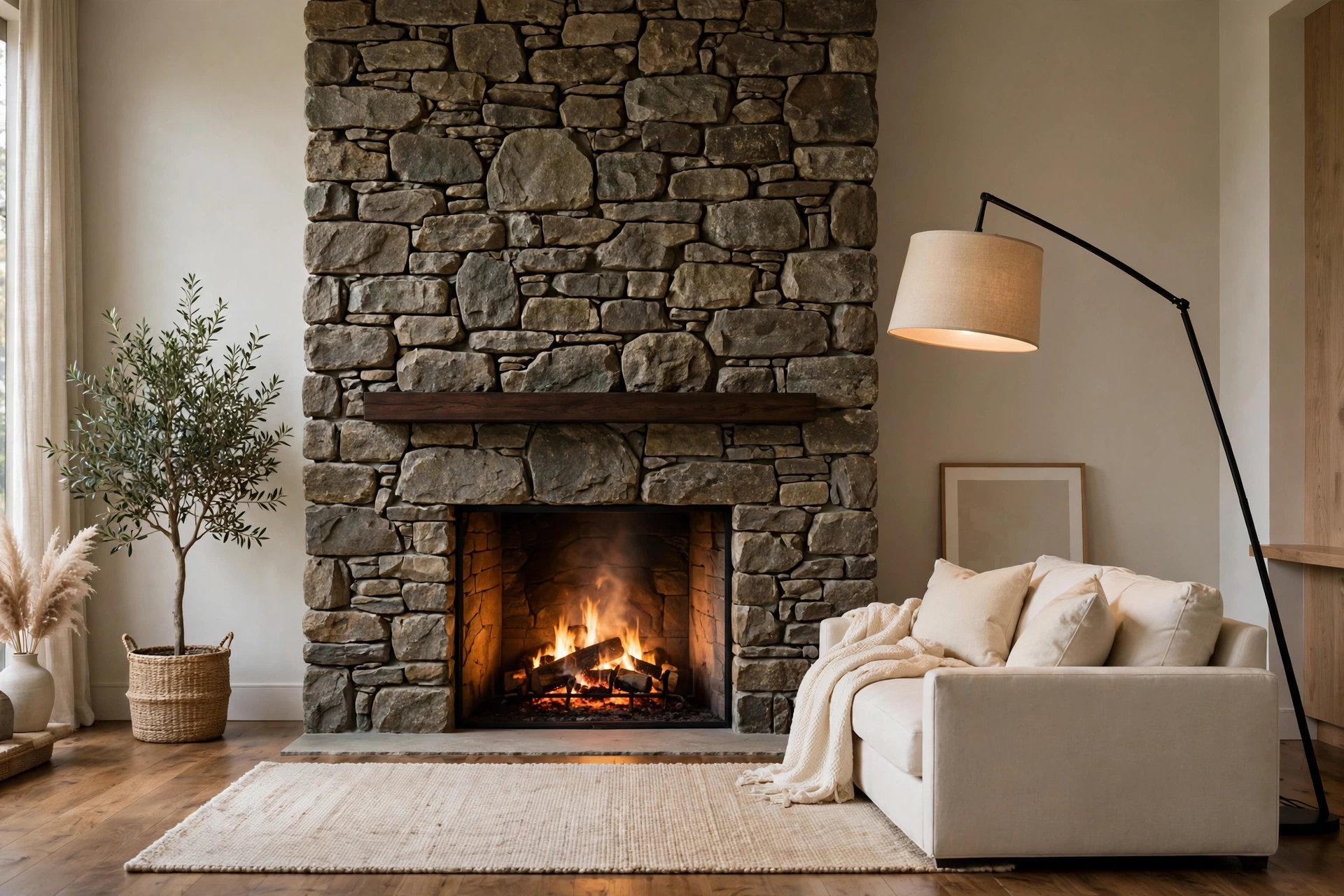Stone fireplace ideas with a floor-to-ceiling rough-cut fieldstone chimney breast and slim wood mantel