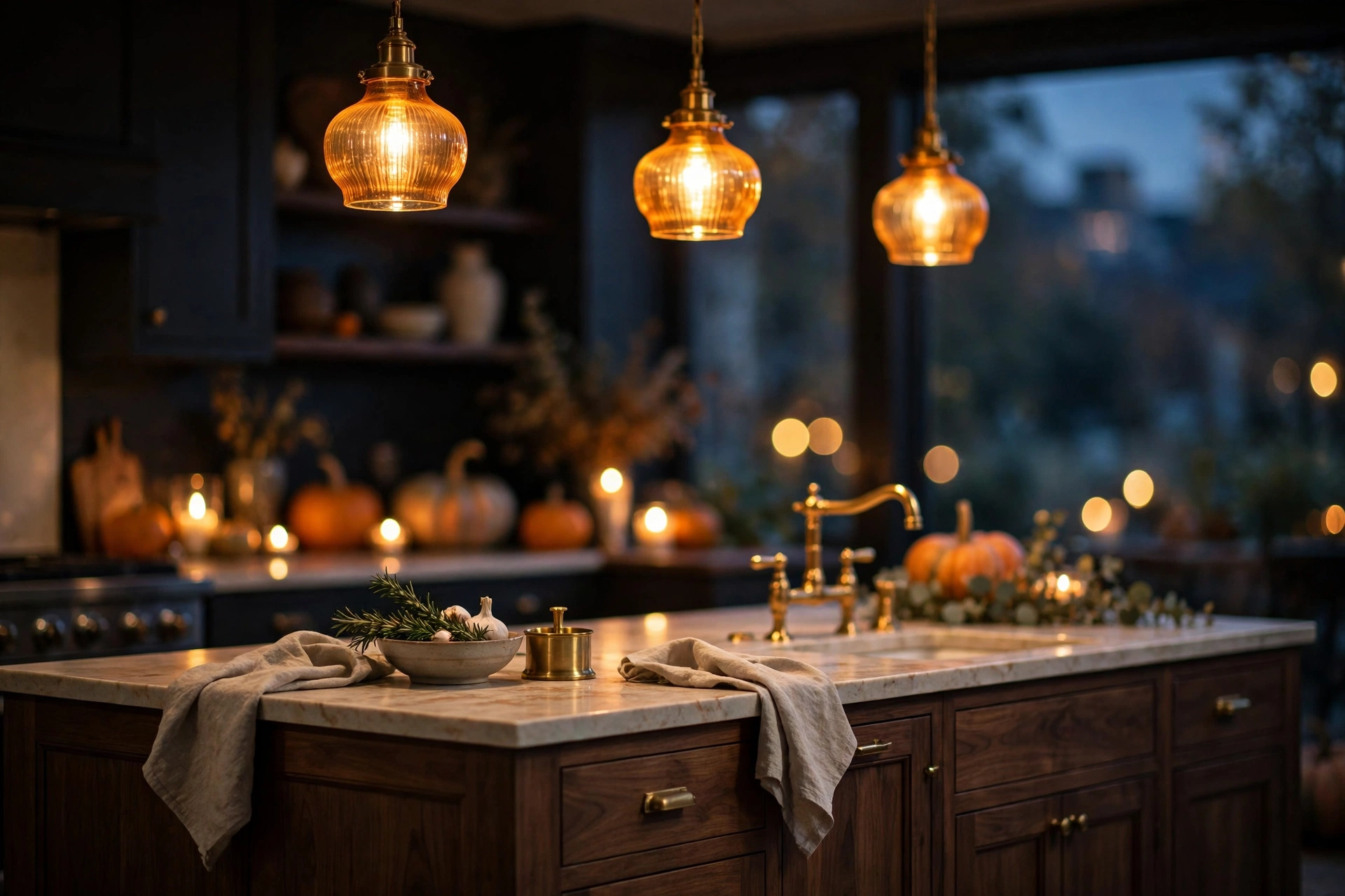 Fall kitchen decor ideas with amber glass pendant lights glowing over a kitchen island