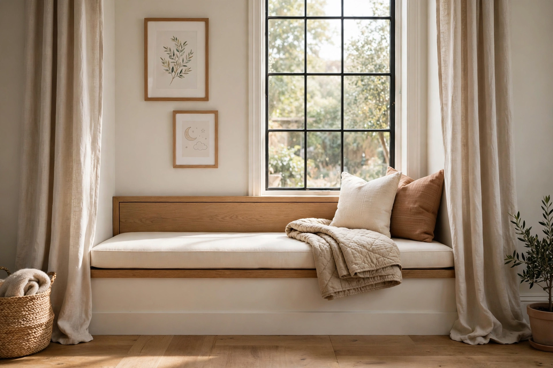 Toy storage ideas living room: window-seat bench with cushion and throw pillows