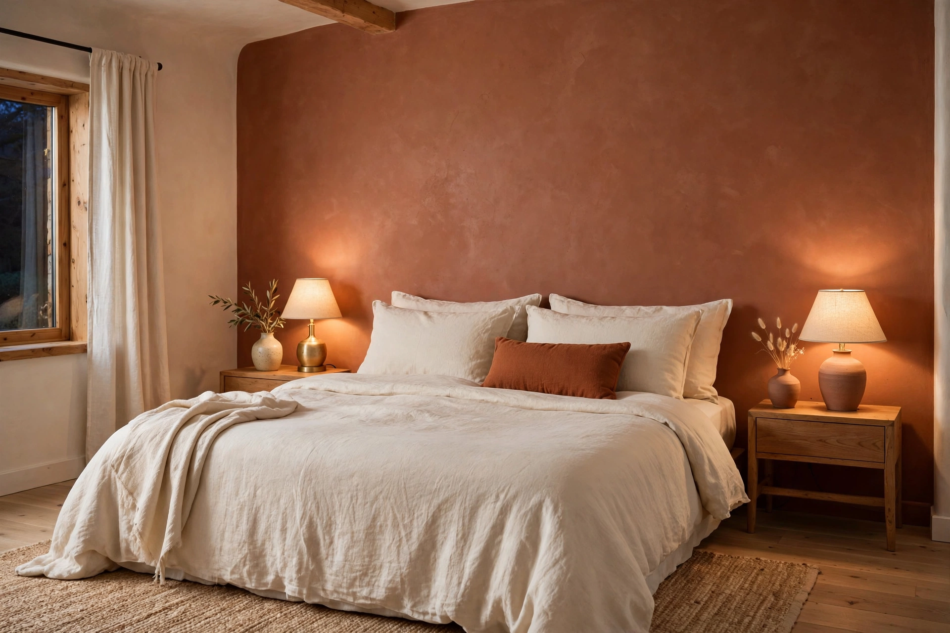 Earthy bedroom ideas: clay terracotta accent wall behind a bed with cream linen bedding