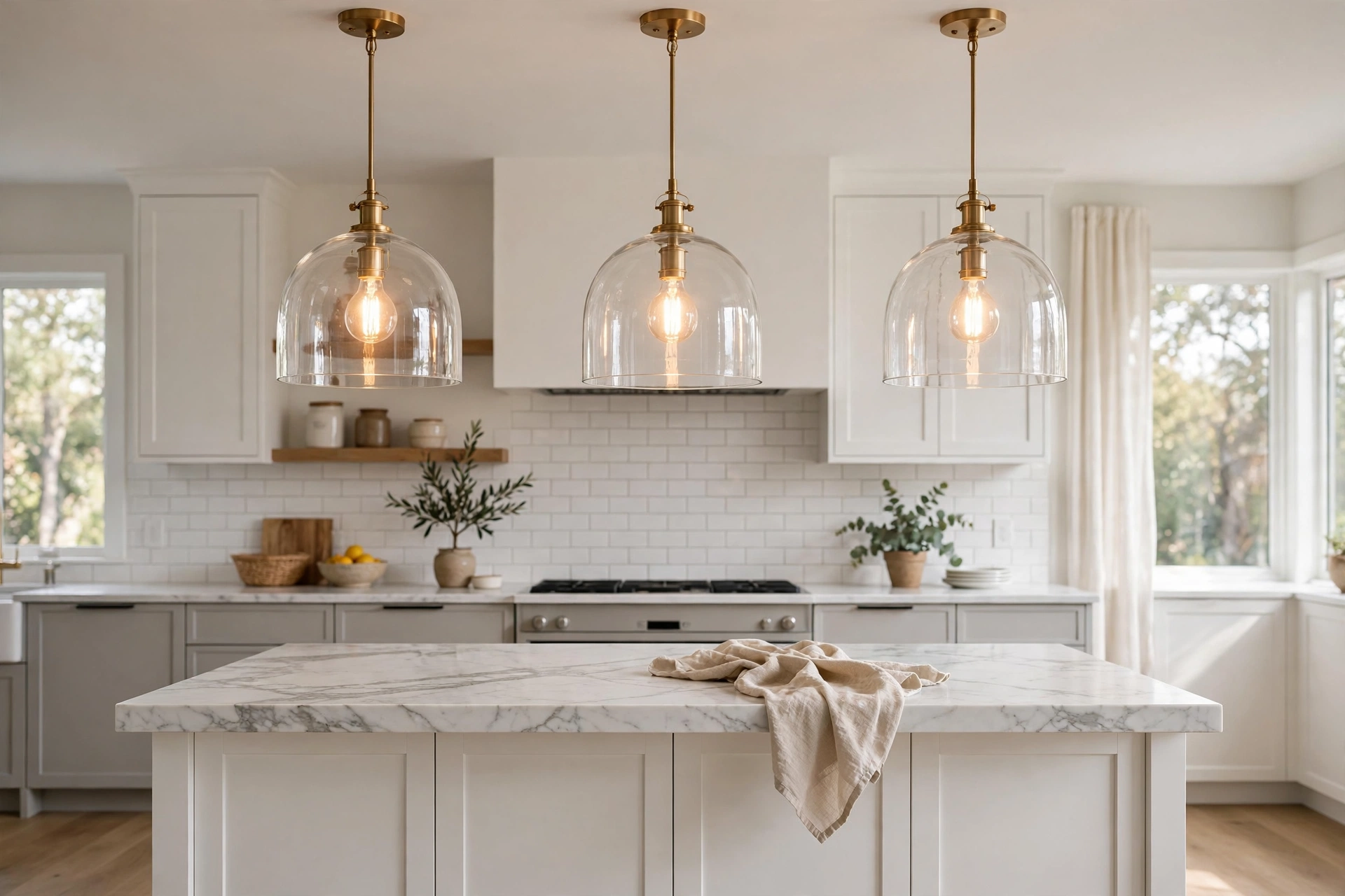 Kitchen pendant lighting ideas: clear glass dome pendants in a row over a white kitchen island