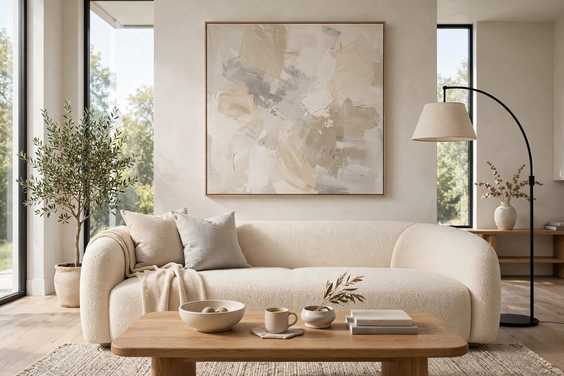 Oversized abstract canvas in beige and gray above a cream sofa — oversized wall art ideas for living rooms